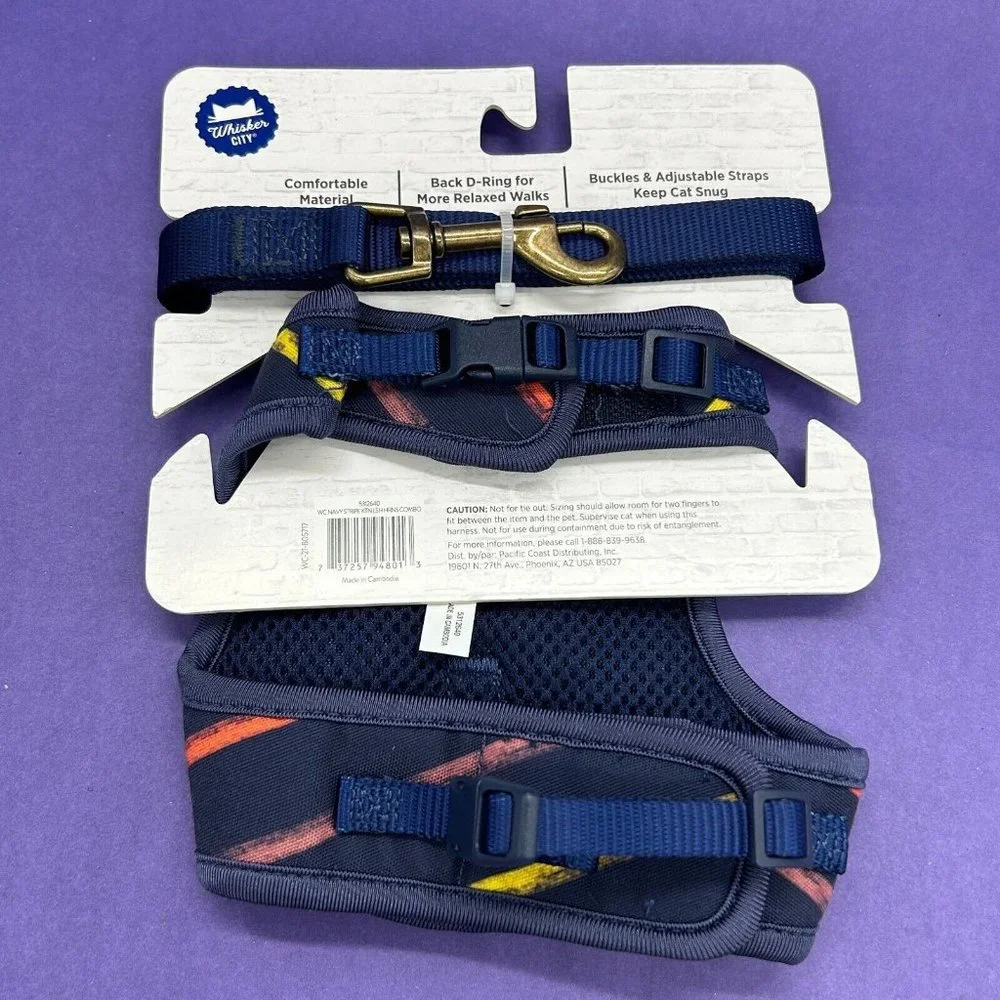 NWT Whisker City Cat Vest Harness & Leash - Navy Blue w/ Stripes - Size Kitten